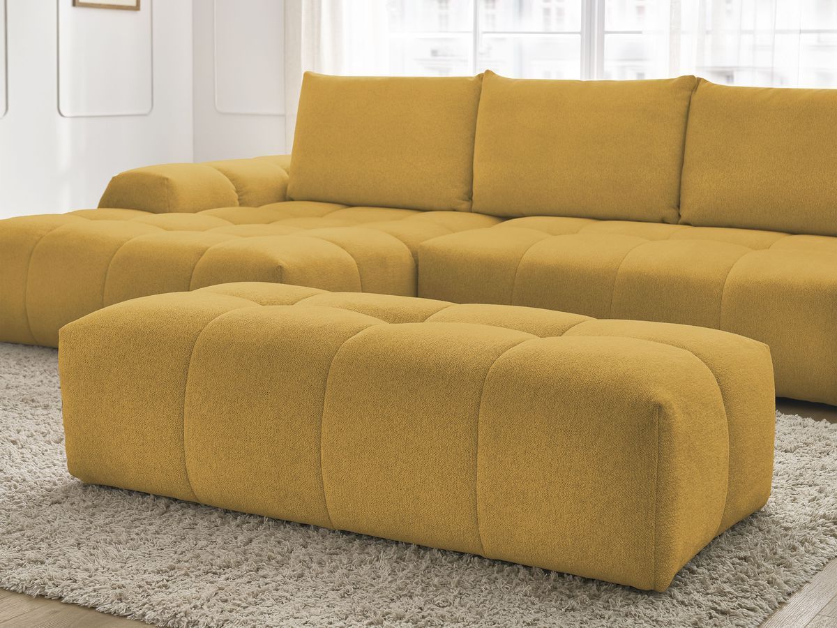 Bobochic Everest Ecksofa mit Schlaffunktion und Bettkasten und Pouf 318 × 180 cm, 3 Kissen Melange-Stoff Gelb Ecke links