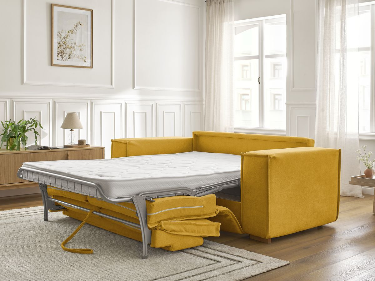 Bobochic Chelsea Schlafsofa 3-Sitzer Strukturstoff Gelb, Liegefläche 160 × 200 cm