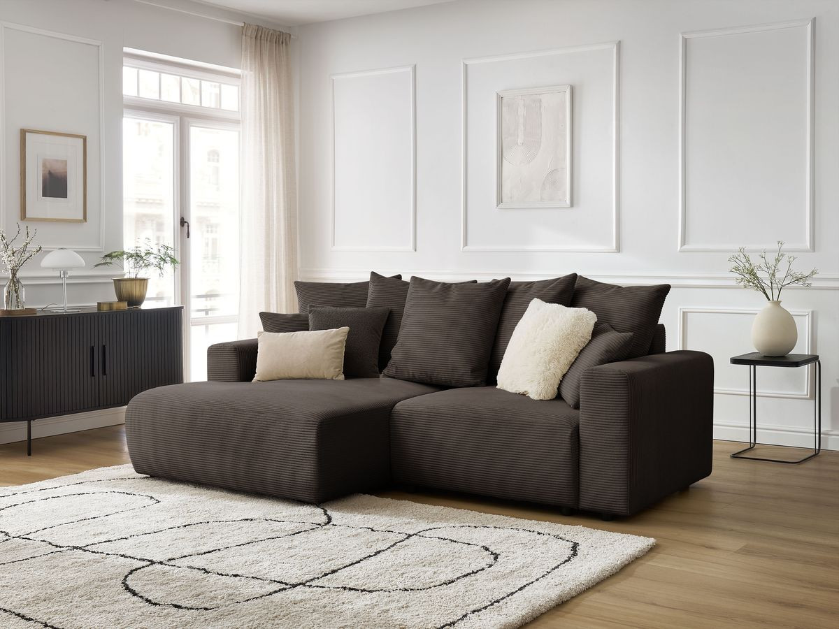 Bobochic Atilla Ecksofa mit Schlaffunktion und Bettkasten Cordsamt Taupe Ecke links