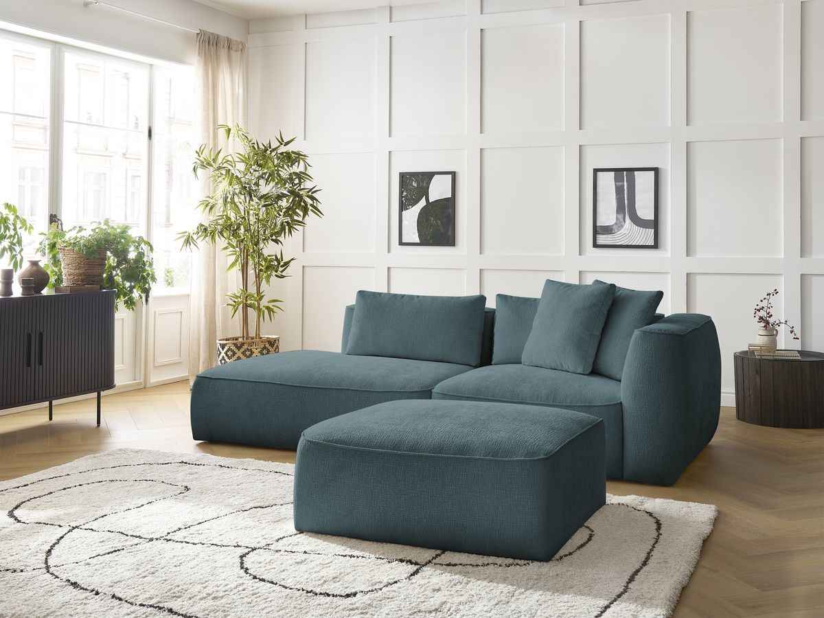 Bobochic Leopold Sofa 4-Sitzer mit Pouf Strukturstoff Dunkelblau Armlehne rechts