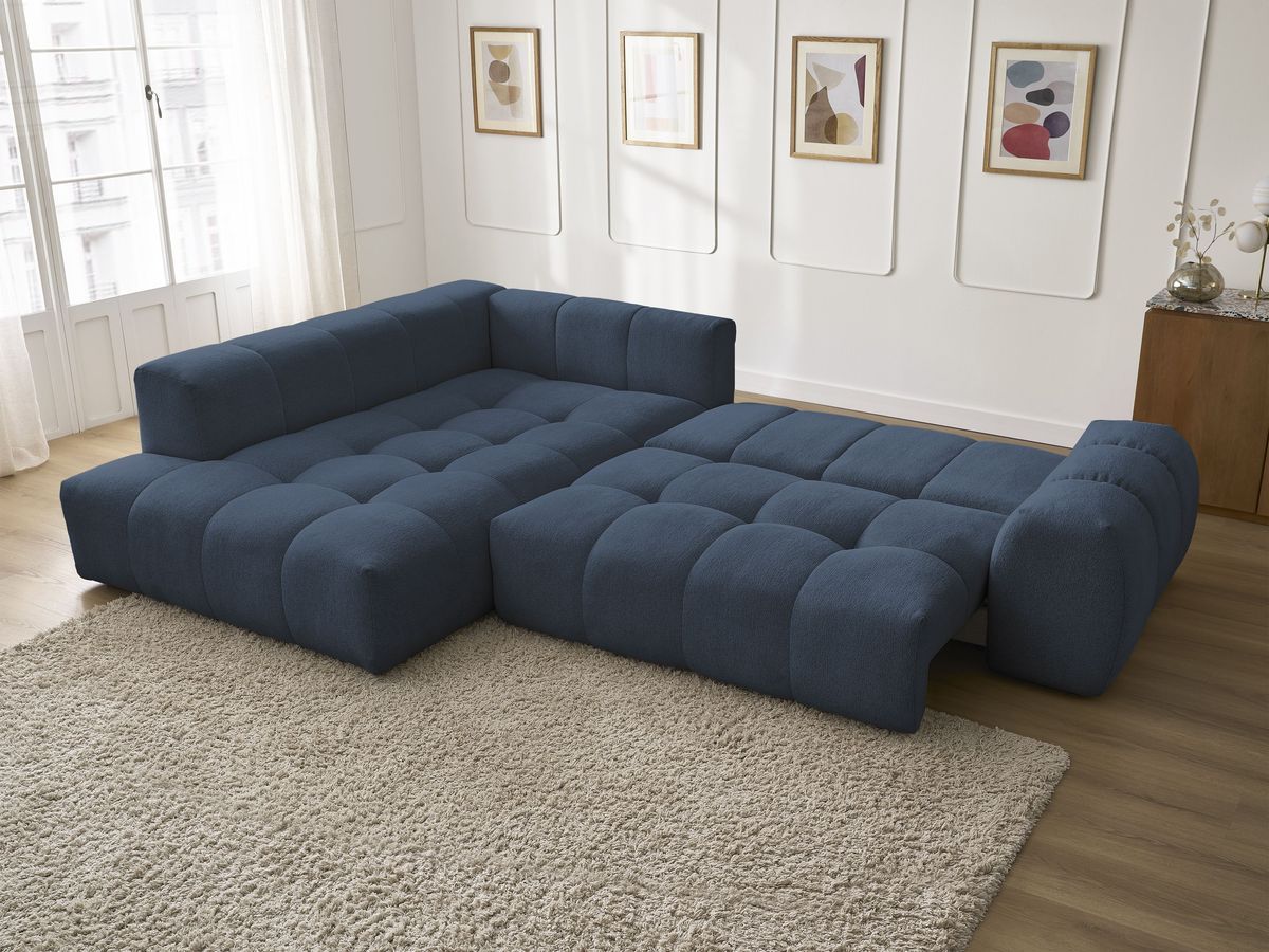 Bobochic Everest Ecksofa mit Schlaffunktion und Bettkasten 320 × 212 cm, 5 Kissen Melange-Stoff Dunkelblau Ecke links