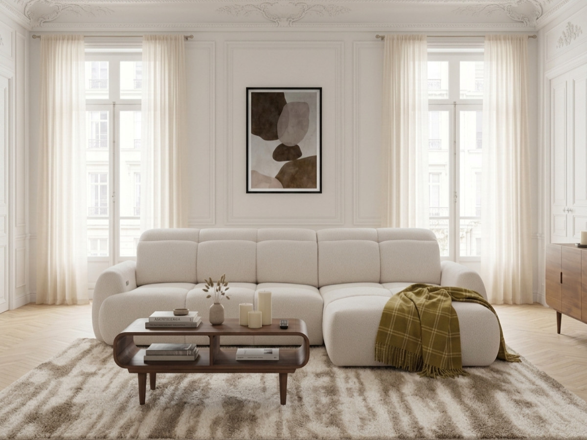 Bobochic Ruby Ecksofa mit Schlaffunktion und Bettkasten Chenille Beige Ecke rechts