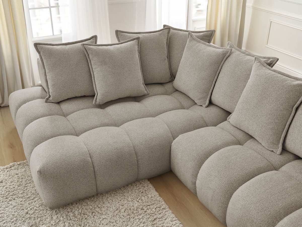Bobochic Everest Ecksofa mit Schlaffunktion und Pouf, 10 Kissen Melange-Stoff Taupe Ecke links