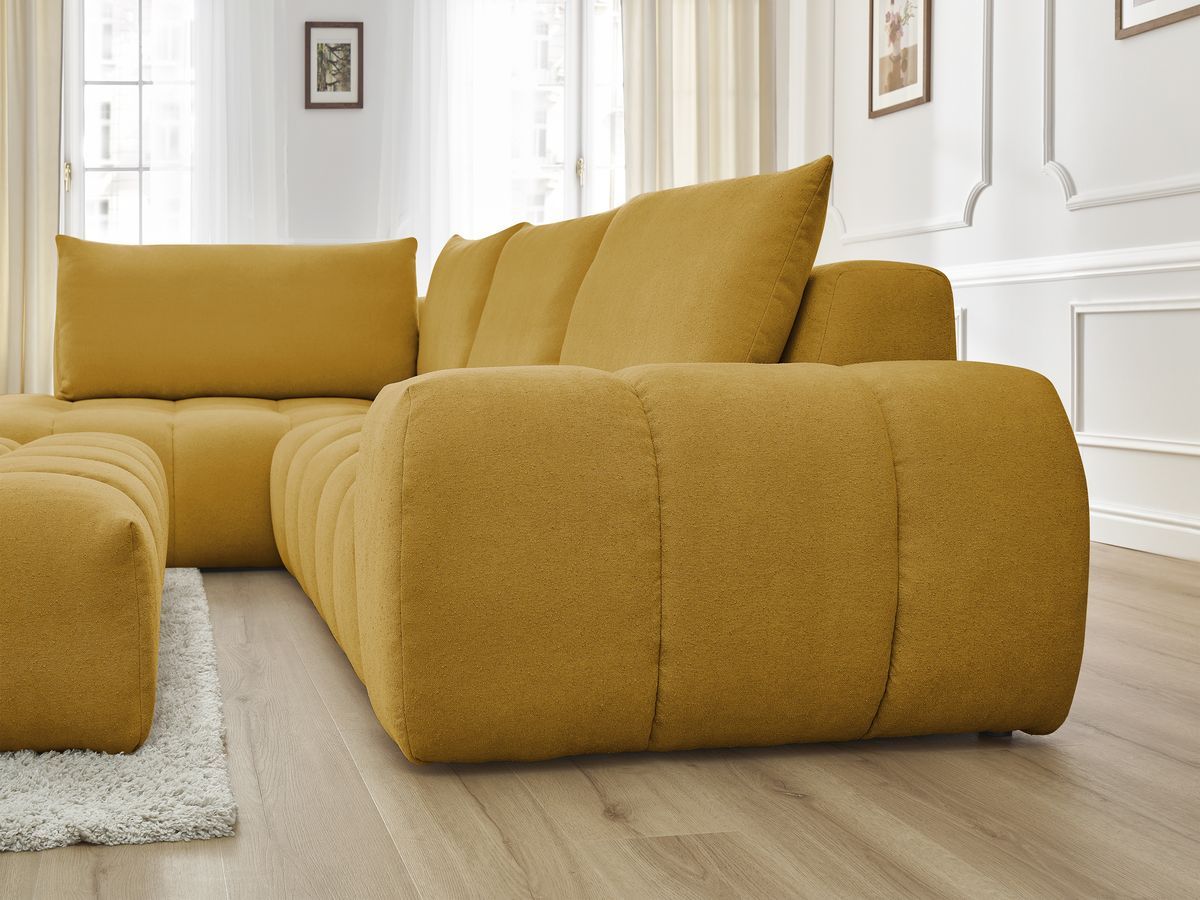 Bobochic Everest Ecksofa mit Schlaffunktion und Pouf, 4 Kissen Strukturstoff Gelb Ecke links