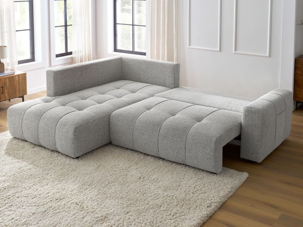 Bobochic Arsene Ecksofa mit Schlaffunktion und Bettkasten 277 × 200 cm Melange-Stoff Hellgrau Ecke links