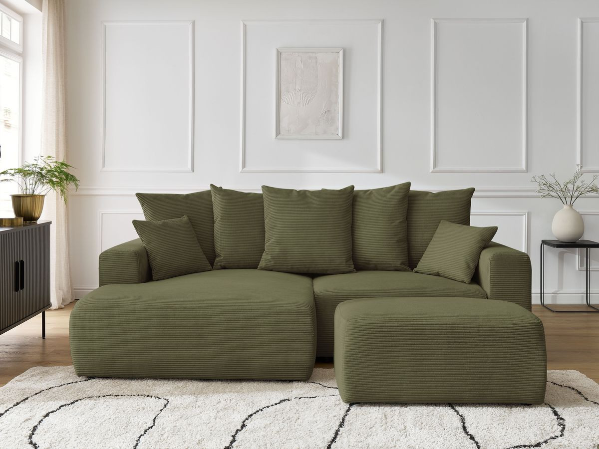 Bobochic Atilla Ecksofa mit Schlaffunktion und Bettkasten und Pouf Cordsamt Hellgrün Ecke links