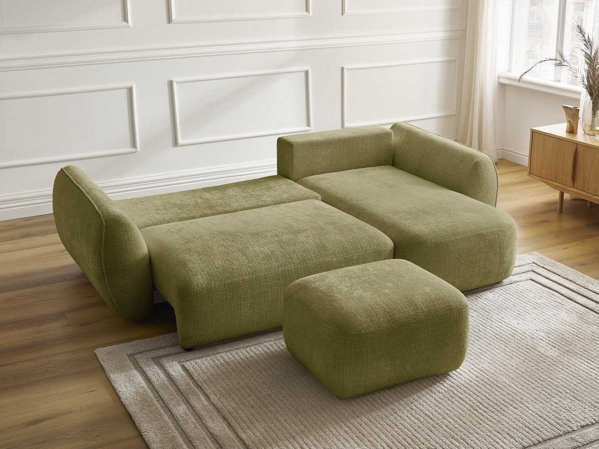 Bobochic Denise Ecksofa mit Schlaffunktion und Bettkasten und Pouf 258 × 160 cm Strukturstoff Grün Ecke rechts
