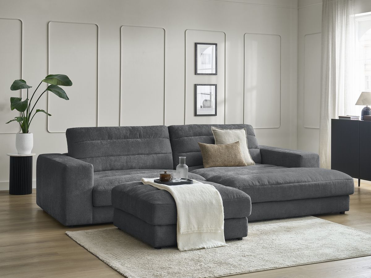 Bobochic Sierra Ecksofa mit Pouf Strukturstoff Dunkelgrau Ecke rechts