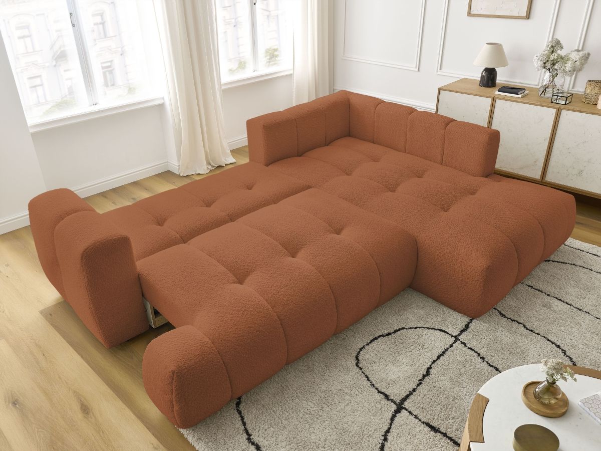 Bobochic Fuji Ecksofa mit Schlaffunktion und Bettkasten 282 × 204 cm Bouclé-Stoff Orange Ecke rechts
