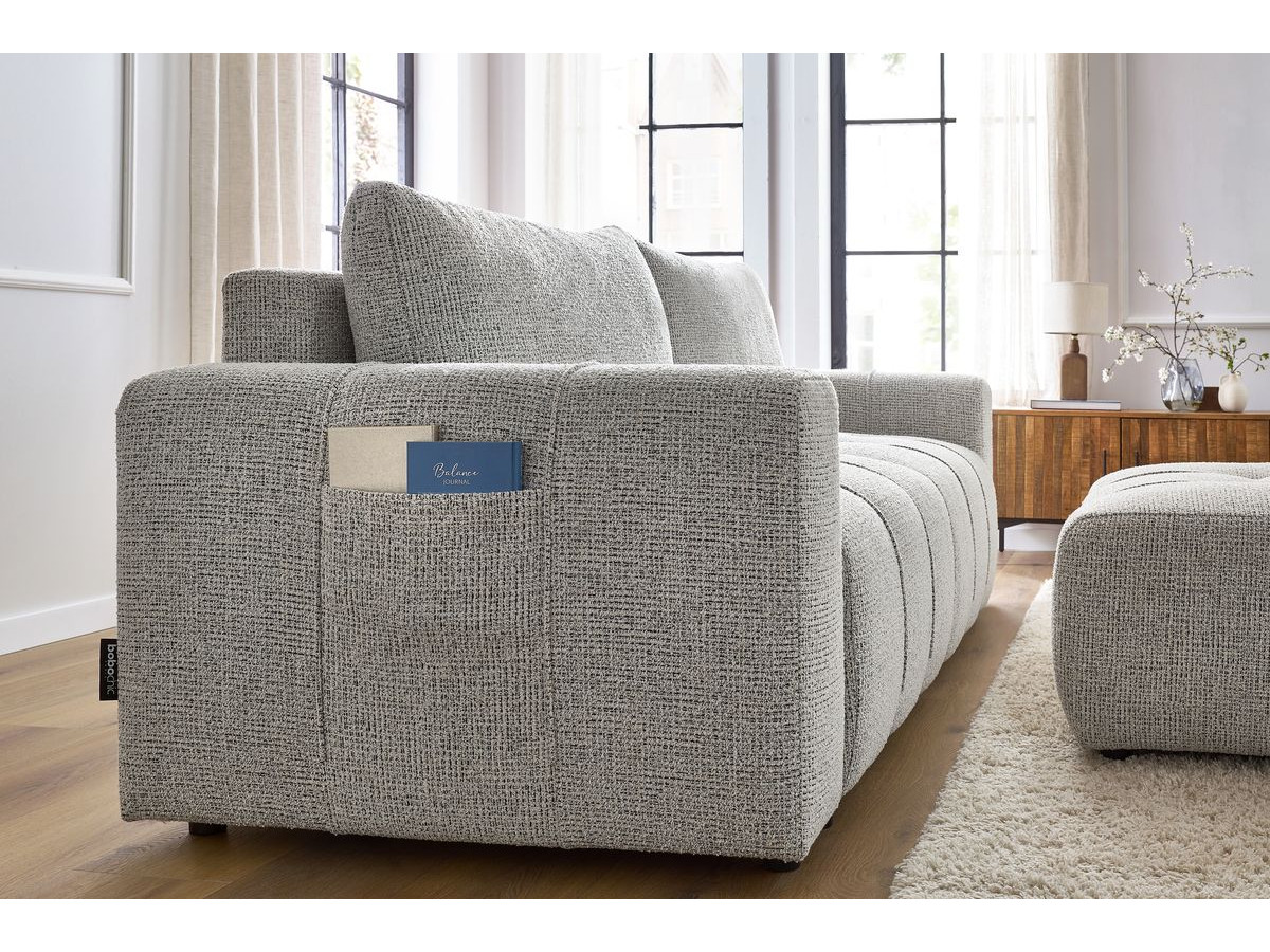 Bobochic Arsene Schlafsofa 4-Sitzer mit Bettkasten und Pouf Melange-Stoff Hellgrau