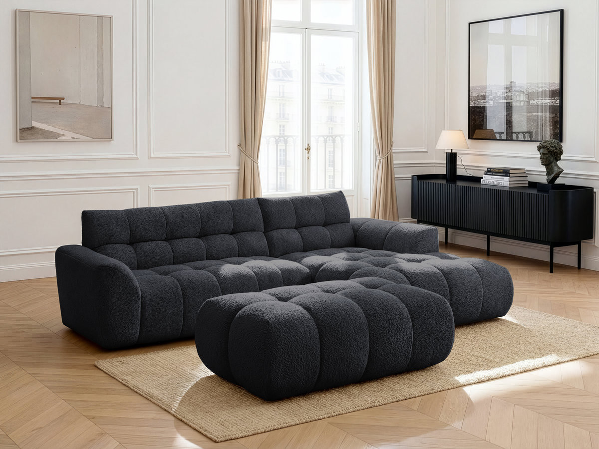 Bobochic Jaya Ecksofa mit Pouf Chenille Schwarz Ecke rechts