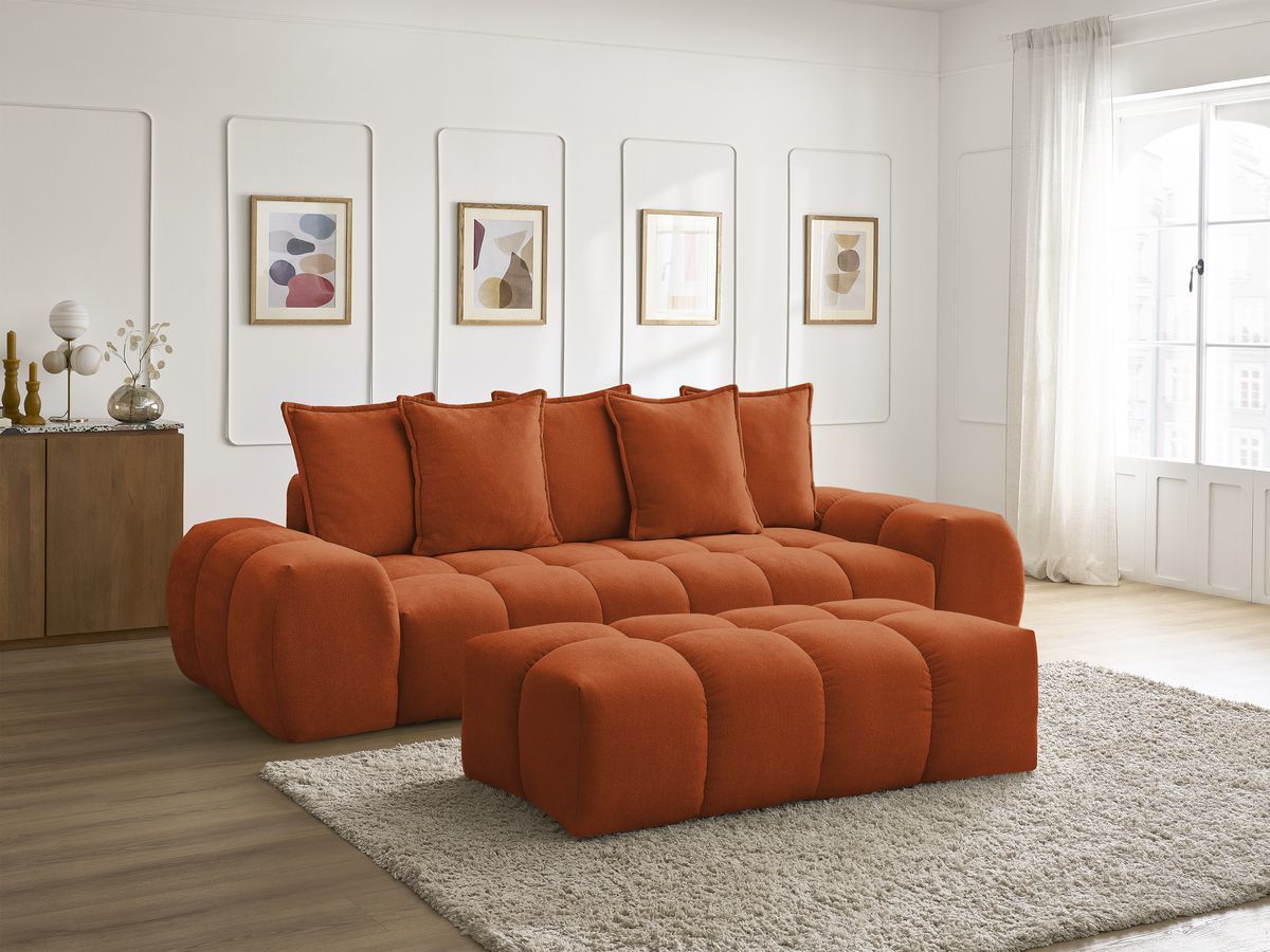 Bobochic Everest Sofa 3-Sitzer mit Pouf, 5 Kissen Strukturstoff Orange