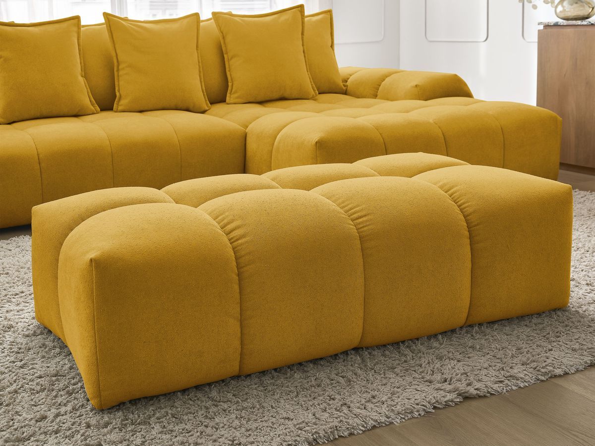 Bobochic Everest Ecksofa mit Schlaffunktion und Bettkasten und Pouf 318 × 180 cm, 7 Kissen Strukturstoff Gelb Ecke rechts