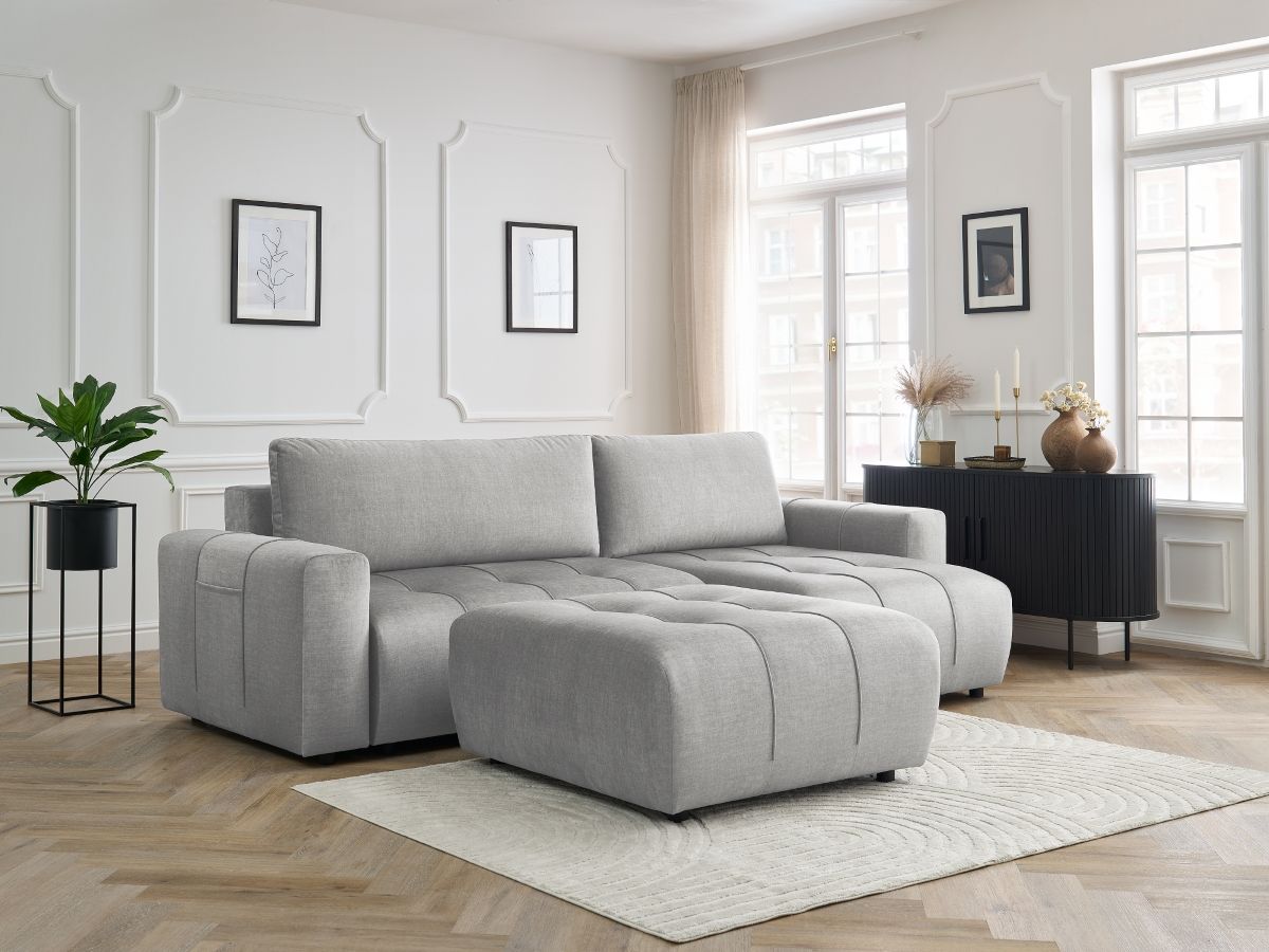 Bobochic Arsene Ecksofa mit Schlaffunktion und Bettkasten und Pouf 288 × 148 cm Samt Hellgrau