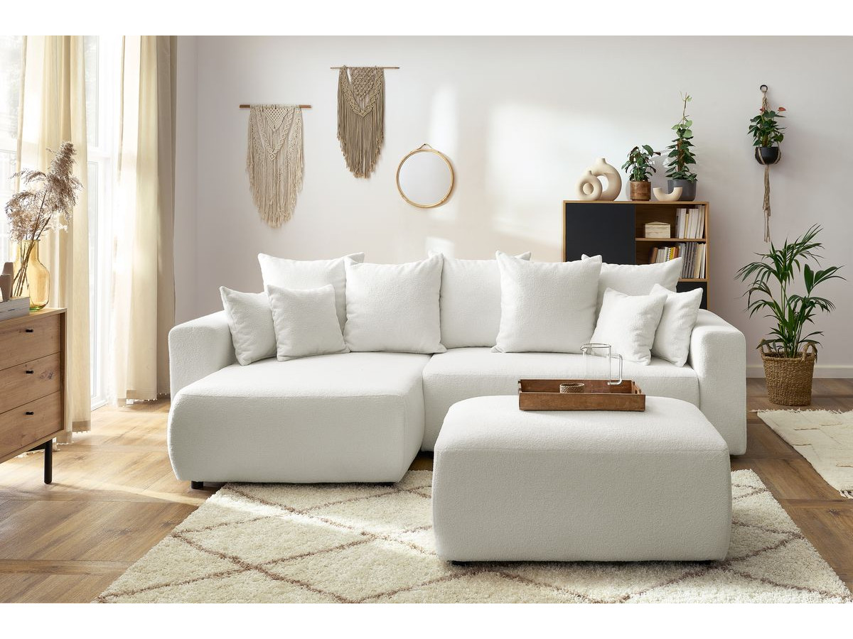 Bobochic Envy Ecksofa mit Schlaffunktion und Bettkasten und rechteckigem Pouf Bouclé-Stoff Weiß