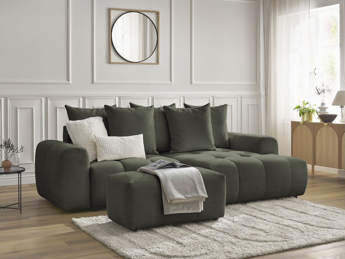 Bobochic Roxelane Ecksofa mit Schlaffunktion und Bettkasten und Pouf 258 × 150 cm Melange-Stoff Grün Ecke rechts
