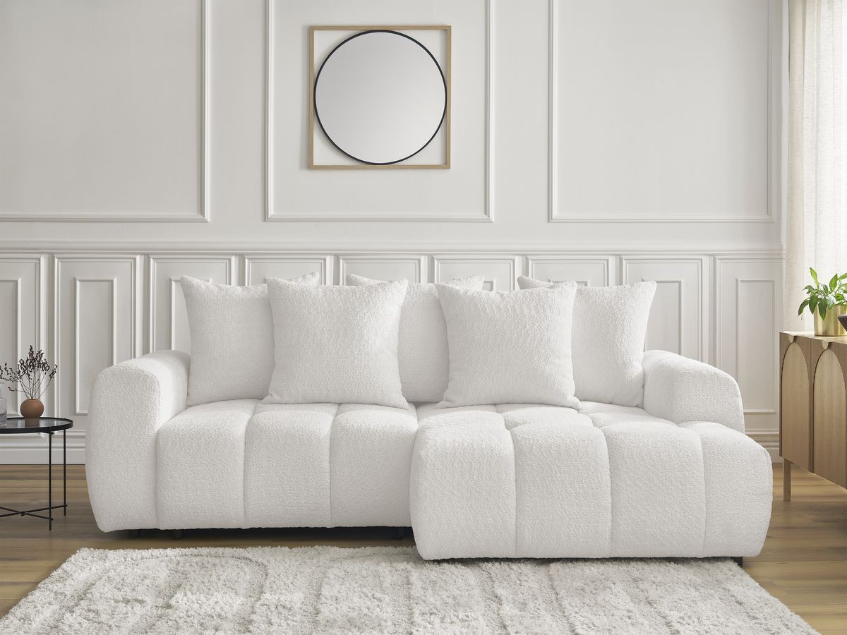 Bobochic Roxelane Ecksofa mit Schlaffunktion und Bettkasten 258 × 150 cm Bouclé-Stoff Weiß Ecke rechts