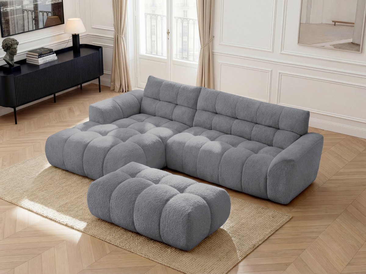 Bobochic Jaya Ecksofa mit Pouf Chenille Grau Ecke links