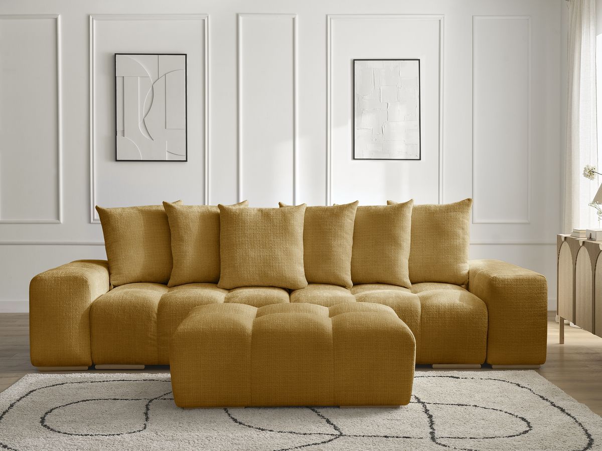 Bobochic Anakin Schlafsofa 3-Sitzer mit Bettkasten und Pouf, 6 Kissen Strukturstoff Gelb