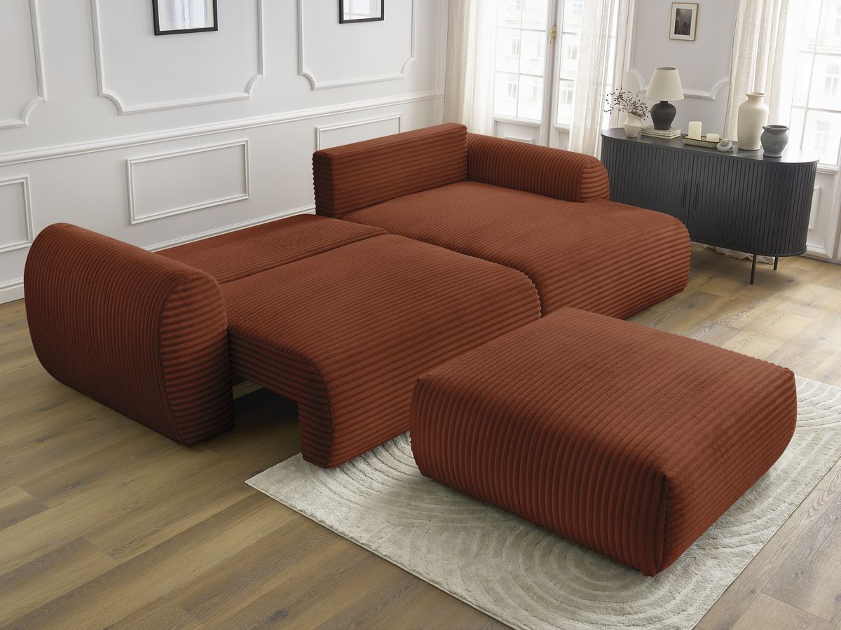 Bobochic Lucien Ecksofa mit Schlaffunktion und Bettkasten und Pouf 314 × 167 cm Breitcord weich Orange Ecke rechts