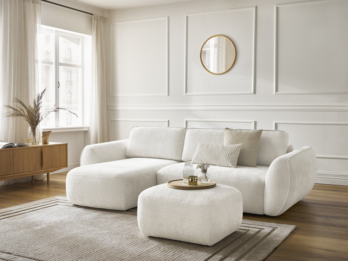 Bobochic Denise Ecksofa mit Schlaffunktion und Bettkasten und Pouf 258 × 160 cm Strukturstoff Weiß Ecke links