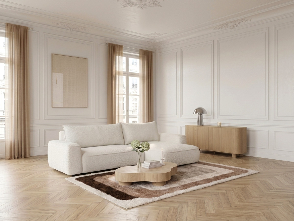 Bobochic Honore Ecksofa mit Schlaffunktion und Bettkasten Chenille Weiß