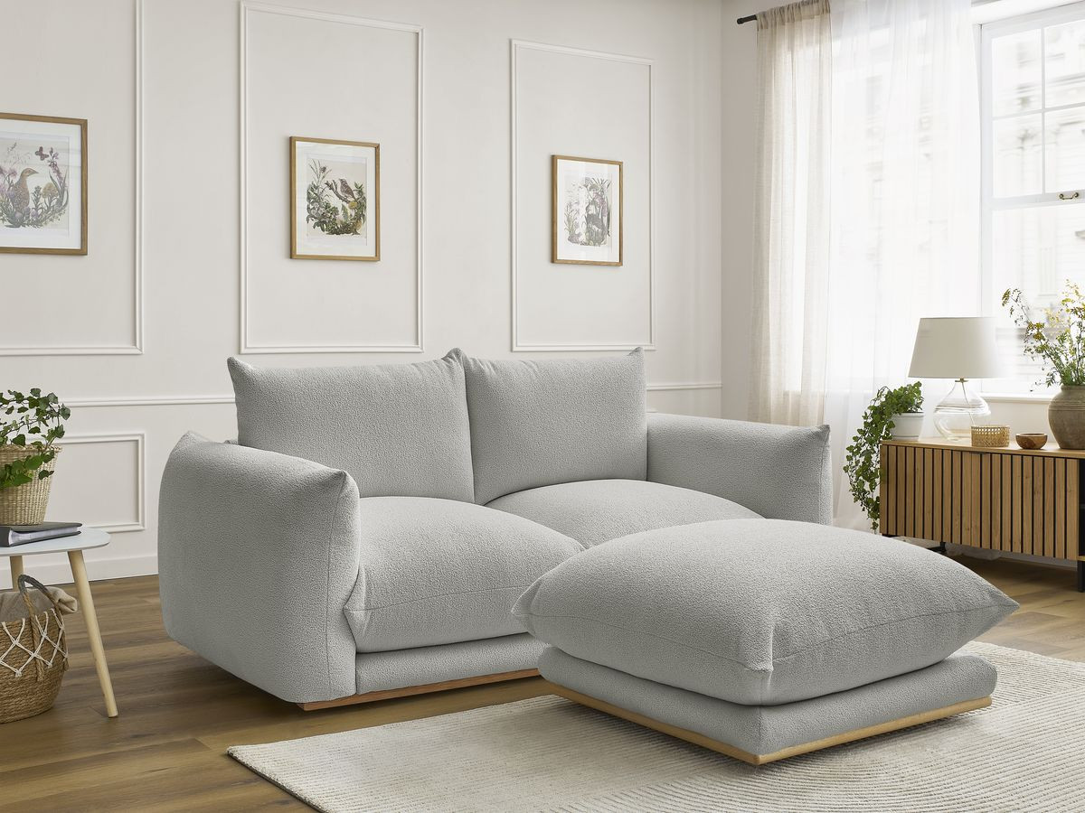 Bobochic Ernest Sofa 3-Sitzer mit Pouf 193 × 106 cm Bouclé-Stoff Hellgrau