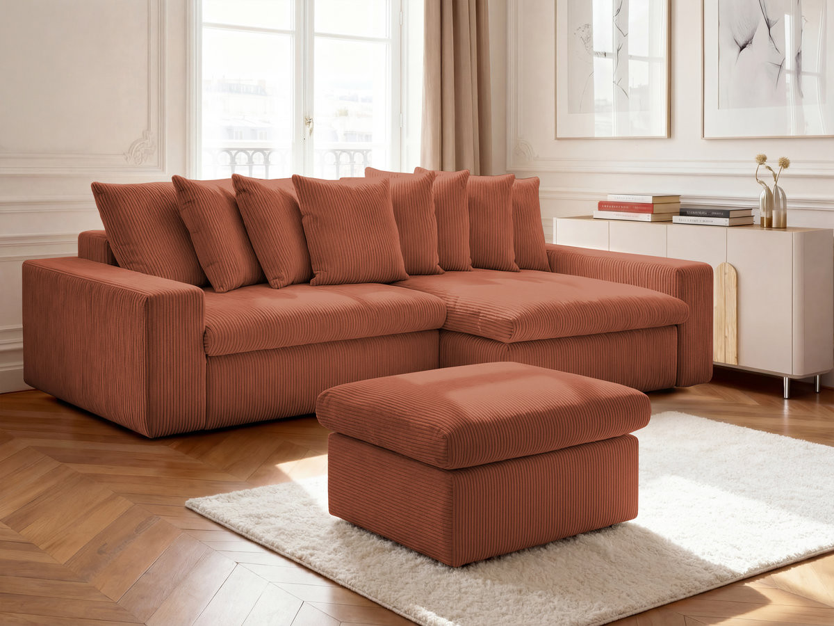 Bobochic Enore Ecksofa mit Pouf Cordsamt Orange Ecke rechts