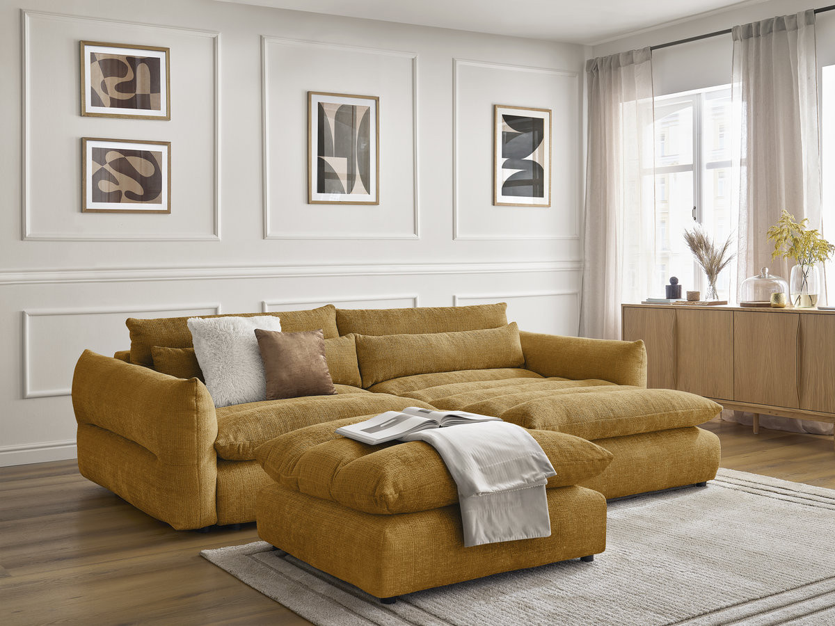 Bobochic Neil Ecksofa mit Pouf Strukturstoff Gelb Ecke rechts