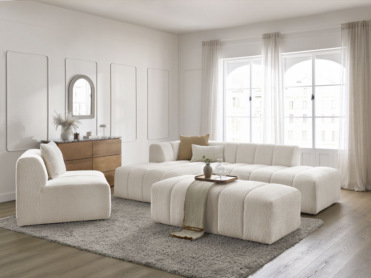 Bobochic Annecy Ecksofa mit Sofamodul und Pouf Bouclé-Stoff Weiß Ecke links