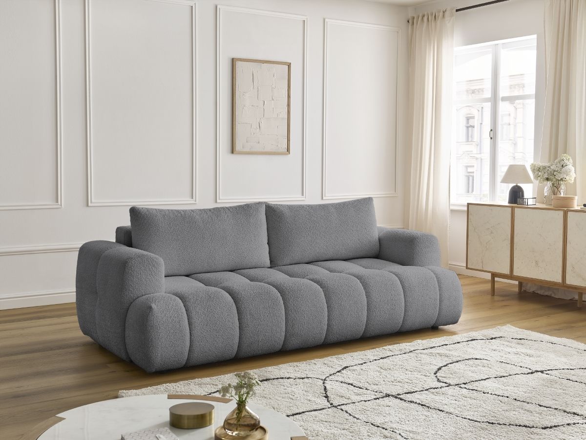Bobochic Fuji Schlafsofa 3-Sitzer mit Bettkasten Bouclé-Stoff Dunkelgrau