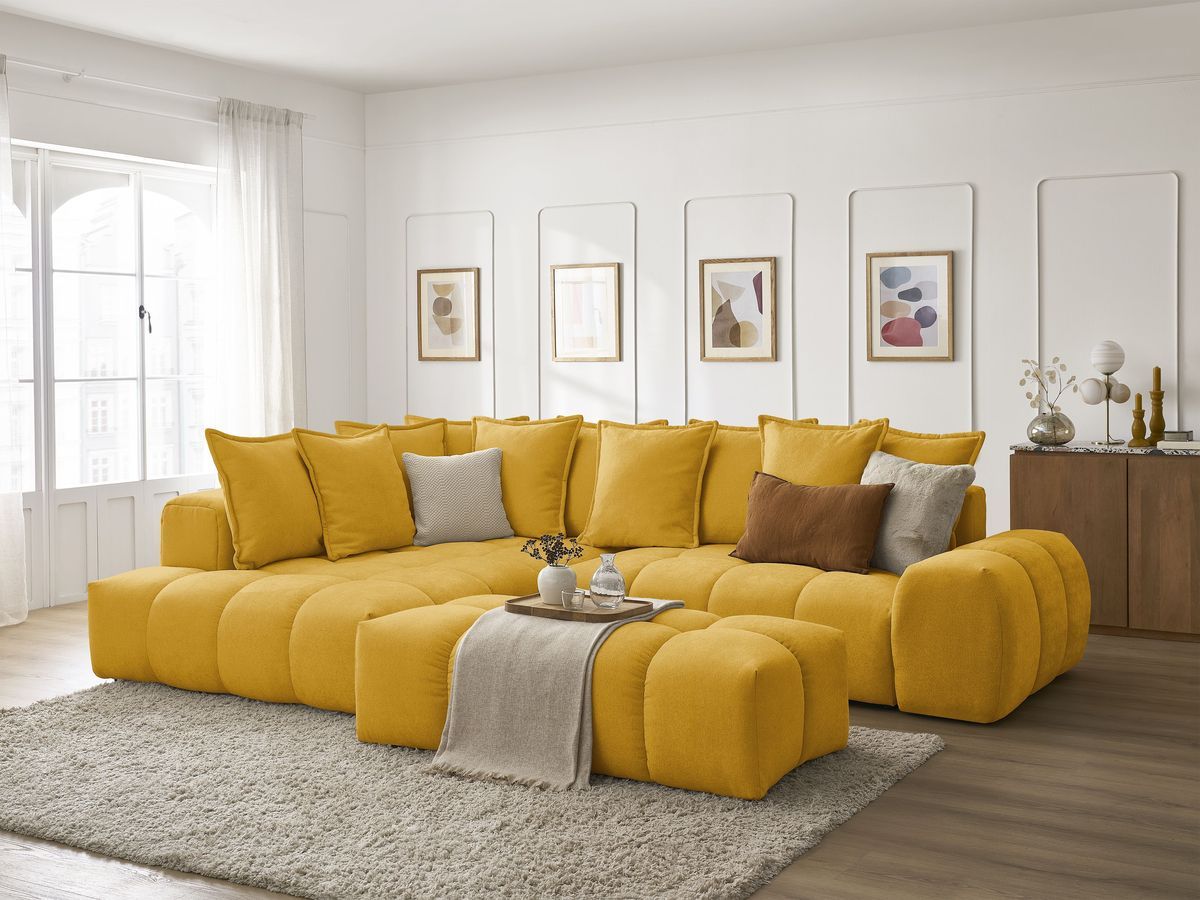 Bobochic Everest Ecksofa mit Schlaffunktion und Bettkasten und Pouf 320 × 212 cm, 10 Kissen Strukturstoff Gelb Ecke links
