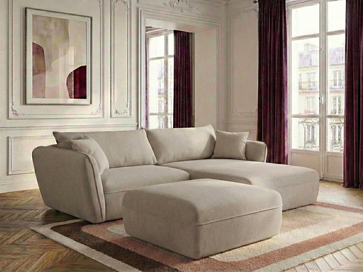 Bobochic Luigi Ecksofa mit Pouf Strukturstoff Beige Ecke rechts