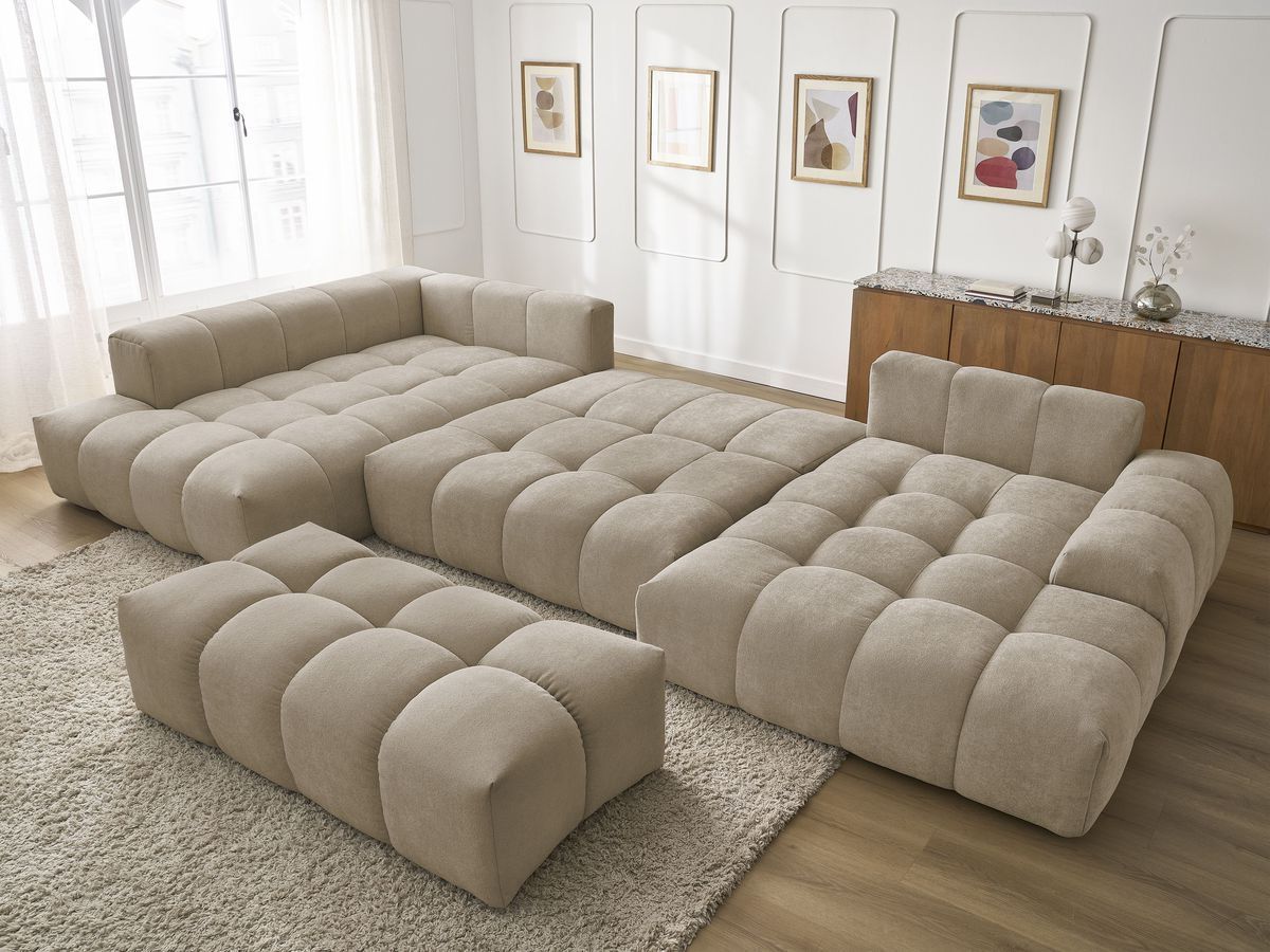 Bobochic Everest Wohnlandschaft mit Pouf, 6 Kissen Strukturstoff Taupe Ecke rechts