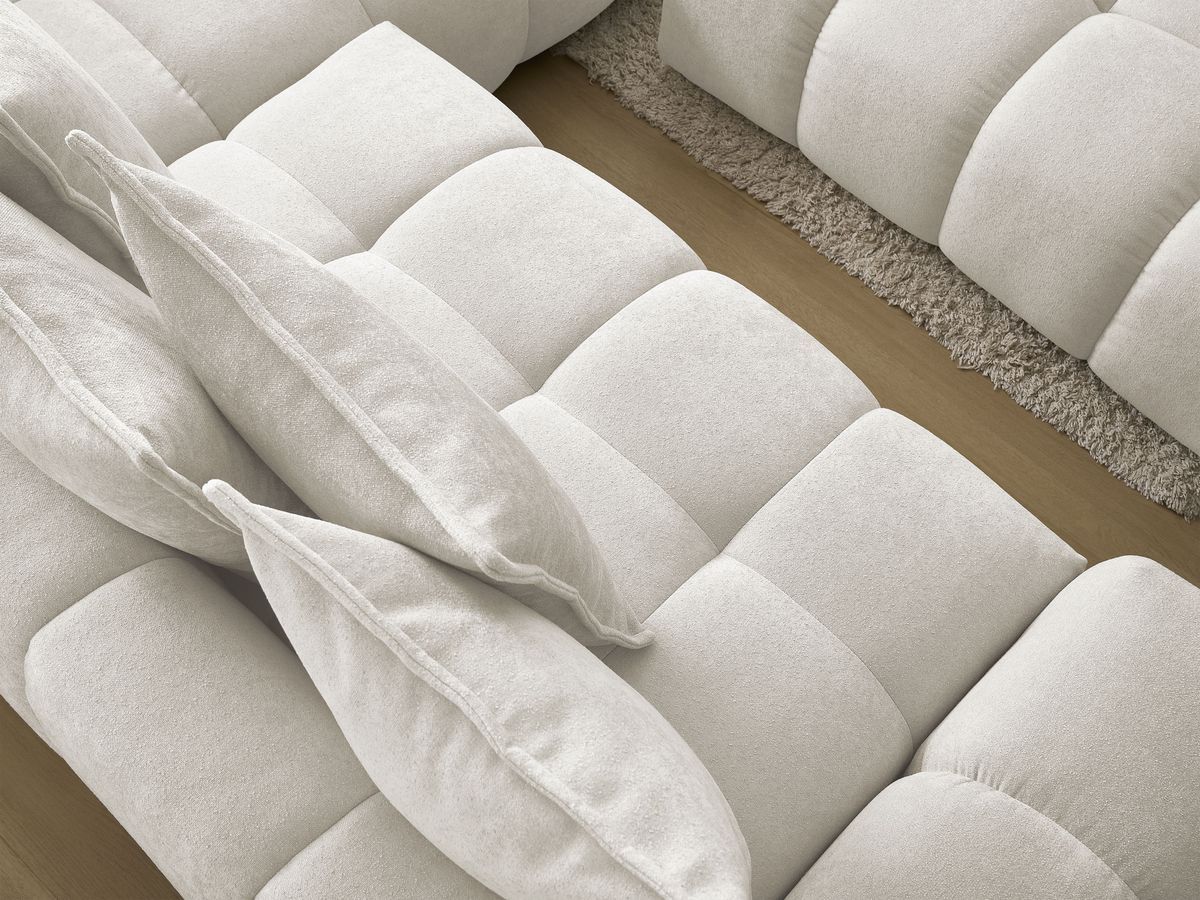 Bobochic Everest Ecksofa mit Schlaffunktion und Bettkasten und Pouf 320 × 212 cm, 10 Kissen Strukturstoff Weiß Ecke rechts