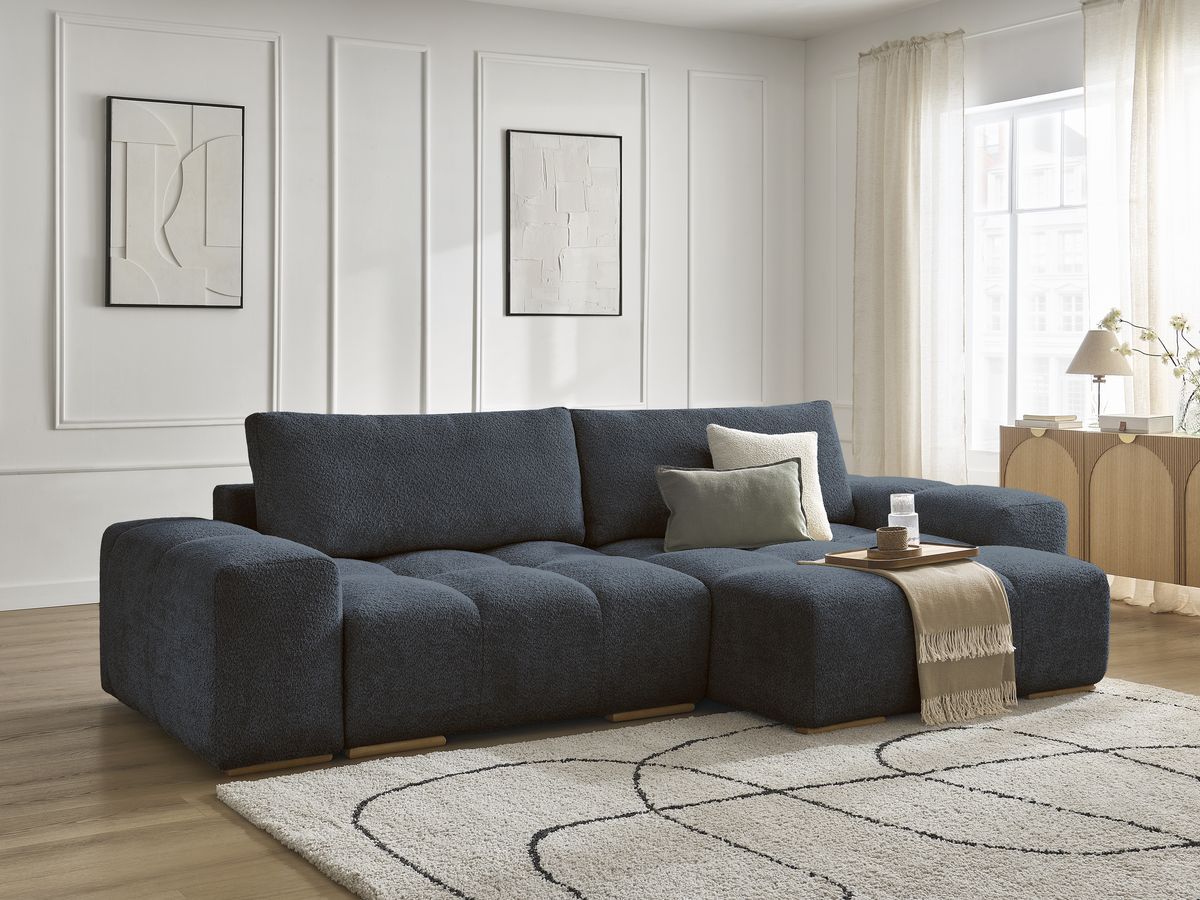 Bobochic Anakin Ecksofa, 2 Kissen Bouclé-Stoff Dunkelblau