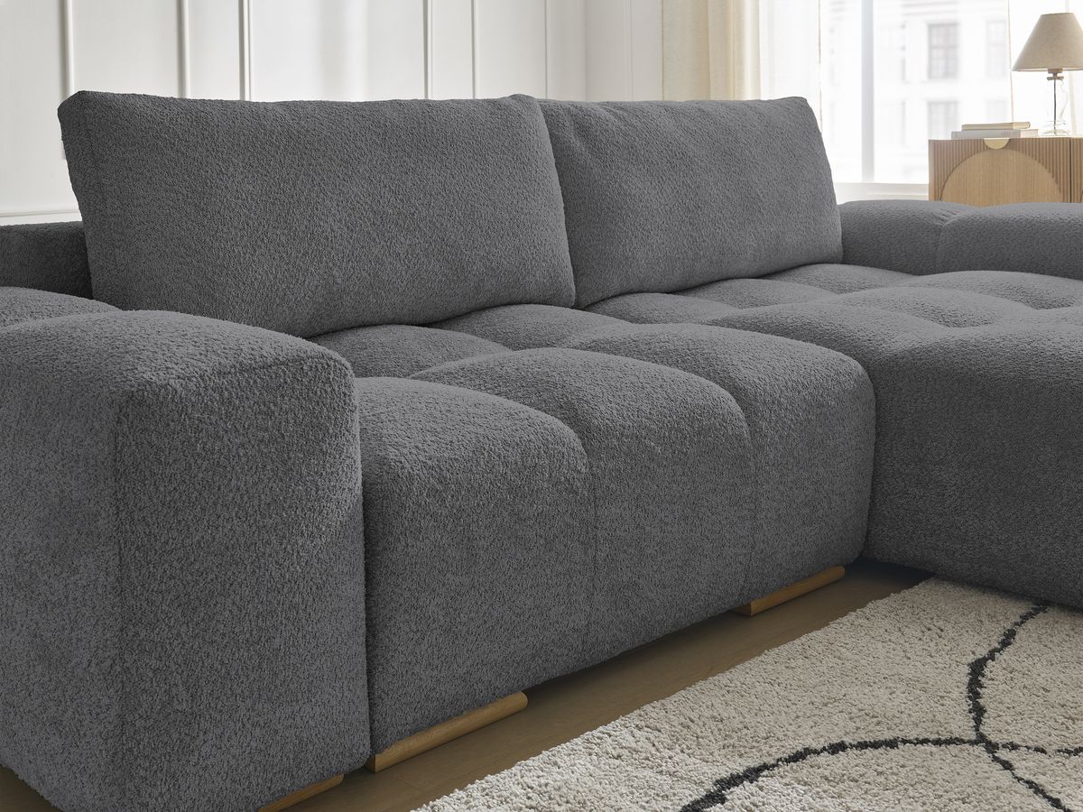 Bobochic Anakin Ecksofa, 2 Kissen Bouclé-Stoff Dunkelgrau