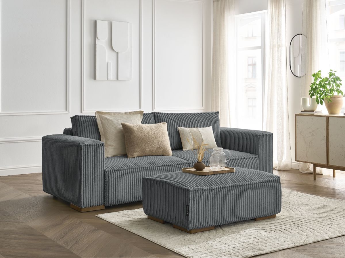 Bobochic Chelsea Schlafsofa 4-Sitzer mit Bettkasten und Pouf Breitcord weich Dunkelgrau