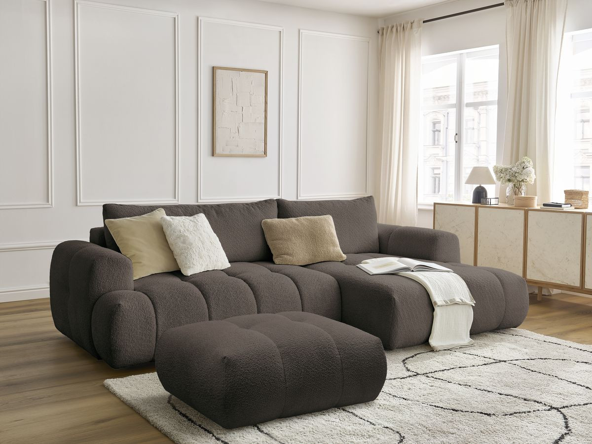 Bobochic Fuji Ecksofa mit Schlaffunktion und Bettkasten und Pouf 292 × 160 cm Bouclé-Stoff Braun Ecke rechts
