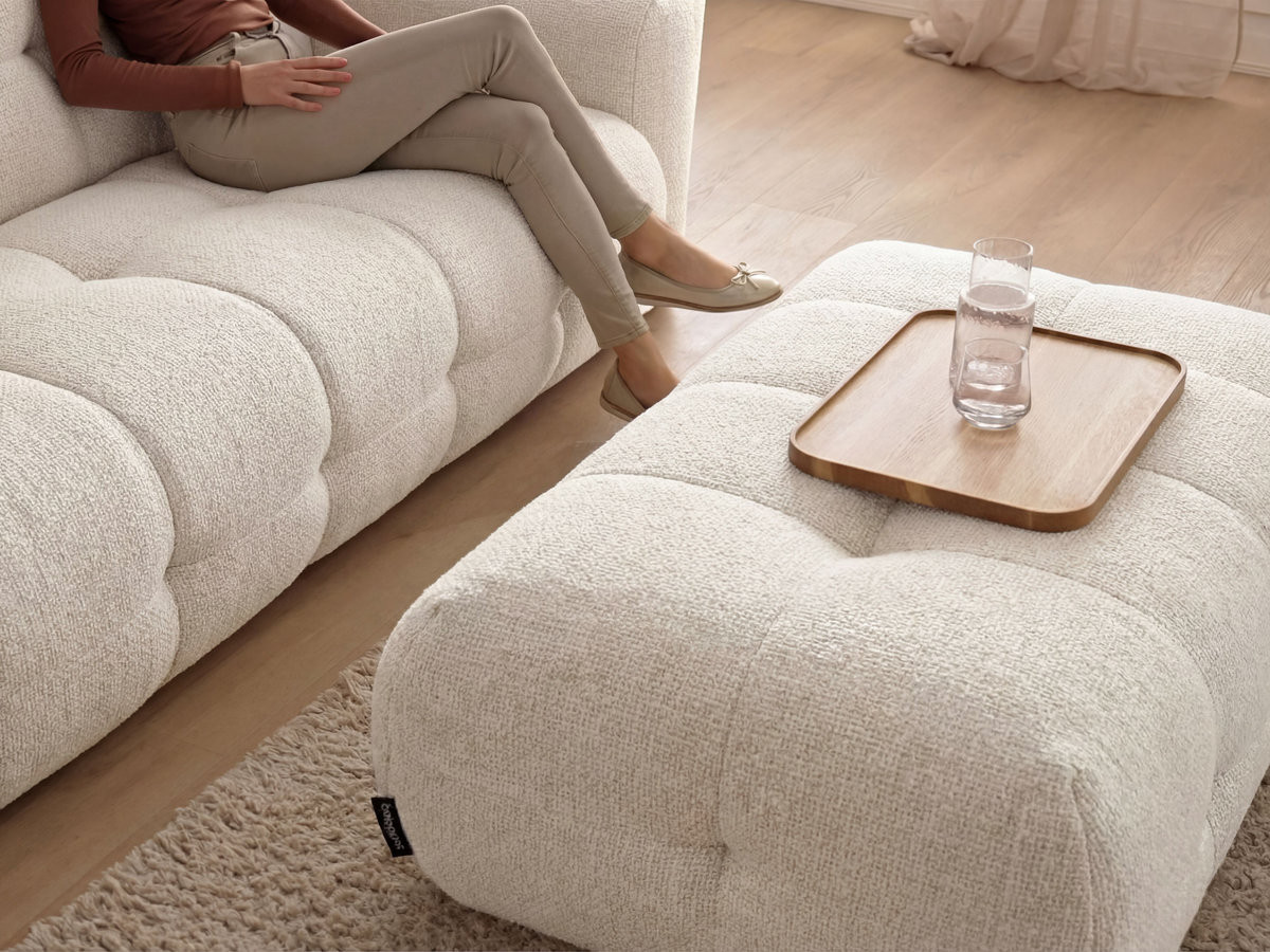 Bobochic Laura Ecksofa mit großem Pouf Melange-Stoff Beige Ecke rechts