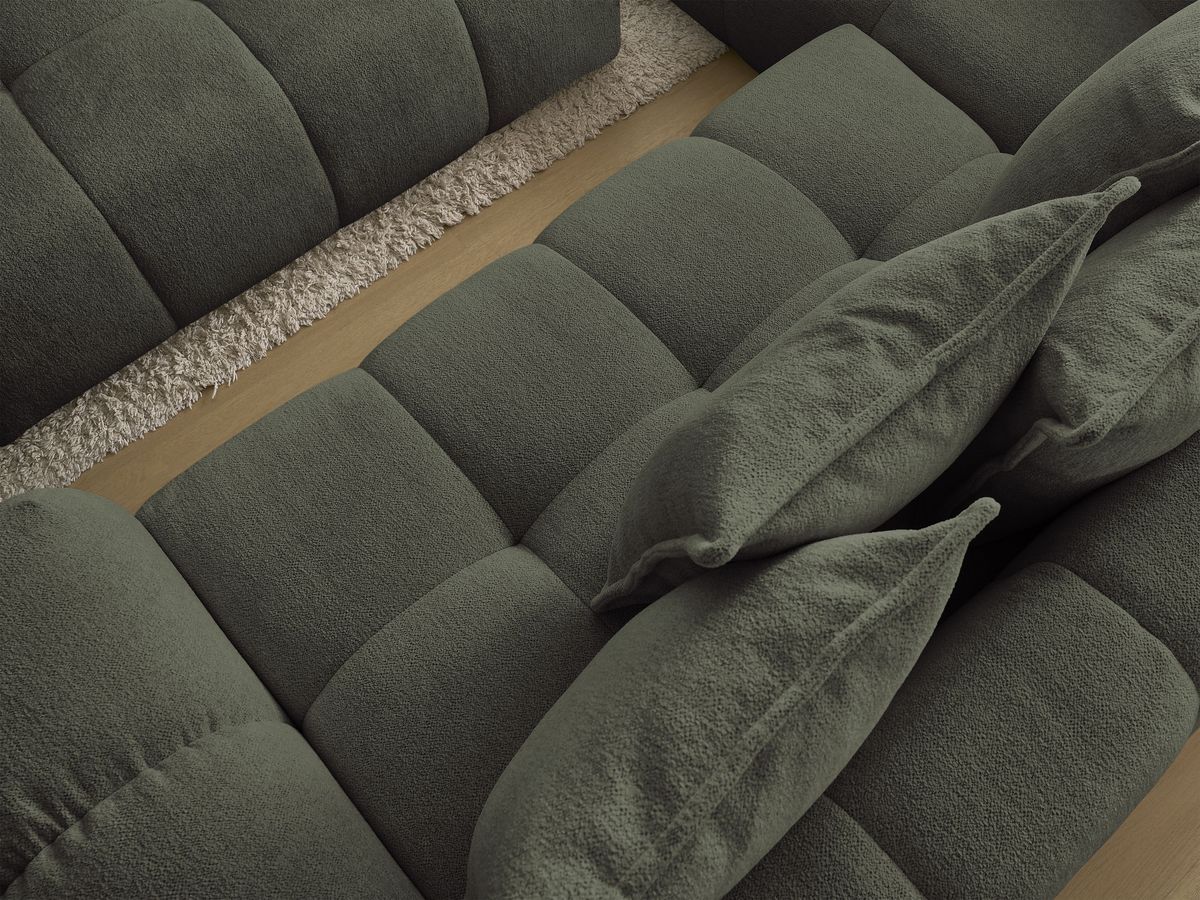 Bobochic Everest Ecksofa mit Schlaffunktion und Bettkasten und Pouf 320 × 212 cm, 10 Kissen Melange-Stoff Grün Ecke links