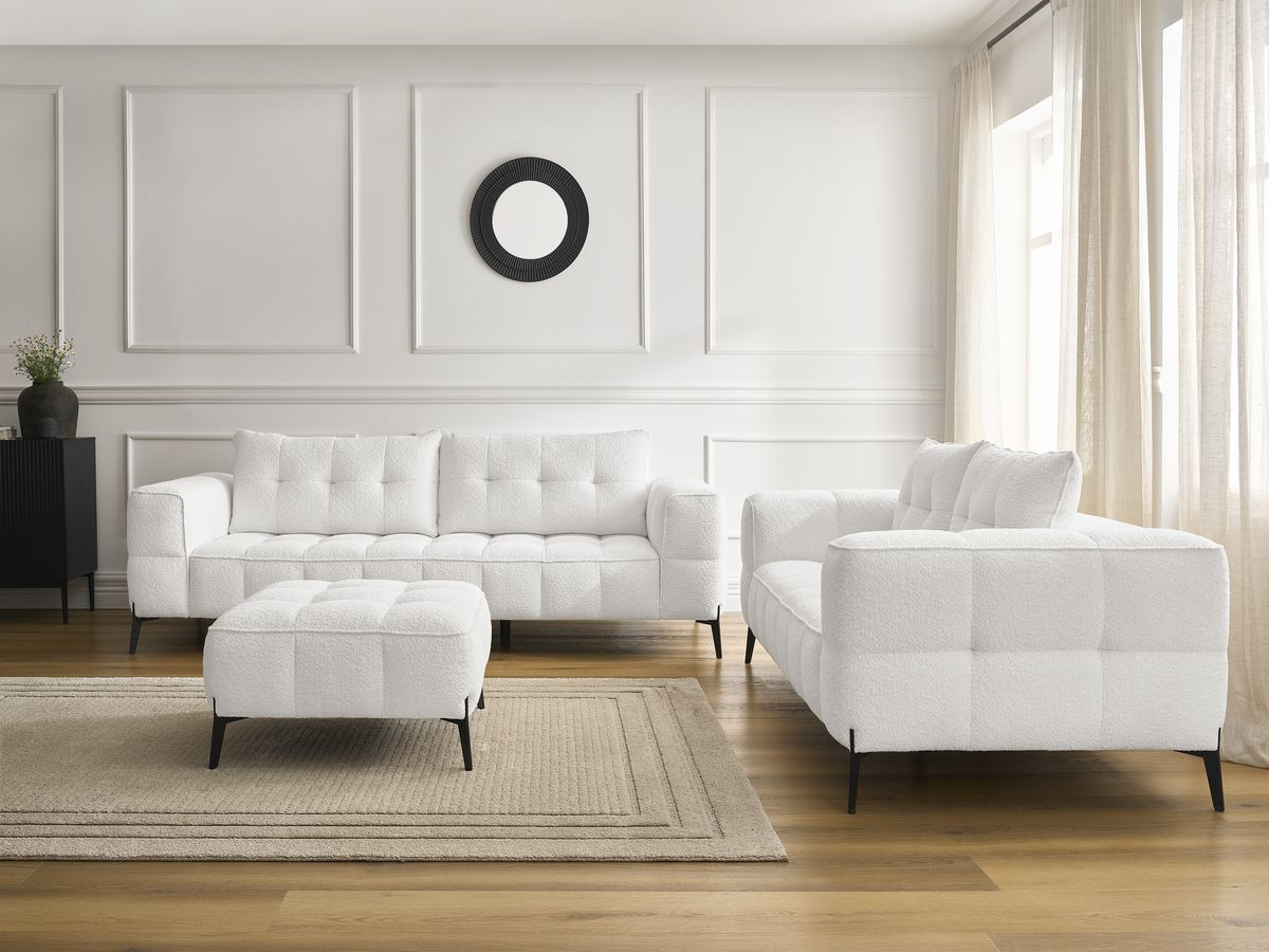 Bobochic Anis Sofa 5-Sitzer mit Pouf Bouclé-Stoff Weiß