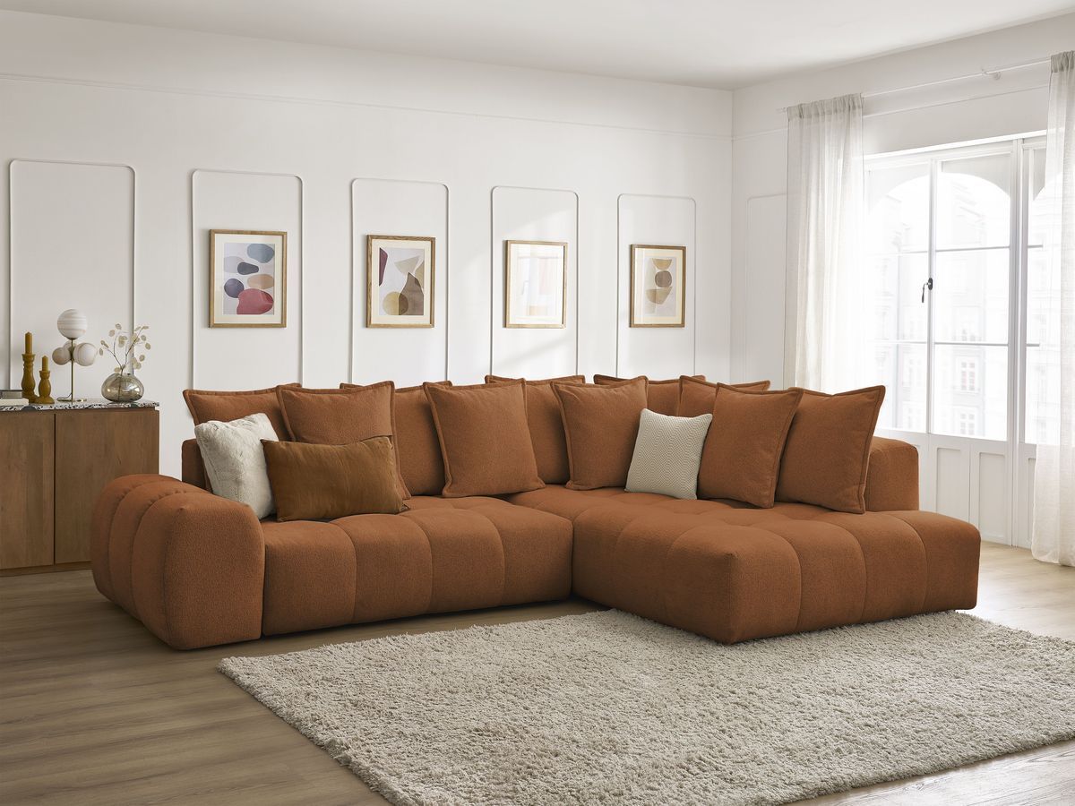 Bobochic Everest Ecksofa mit Schlaffunktion und Bettkasten 320 × 212 cm, 10 Kissen Melange-Stoff Orange Ecke rechts