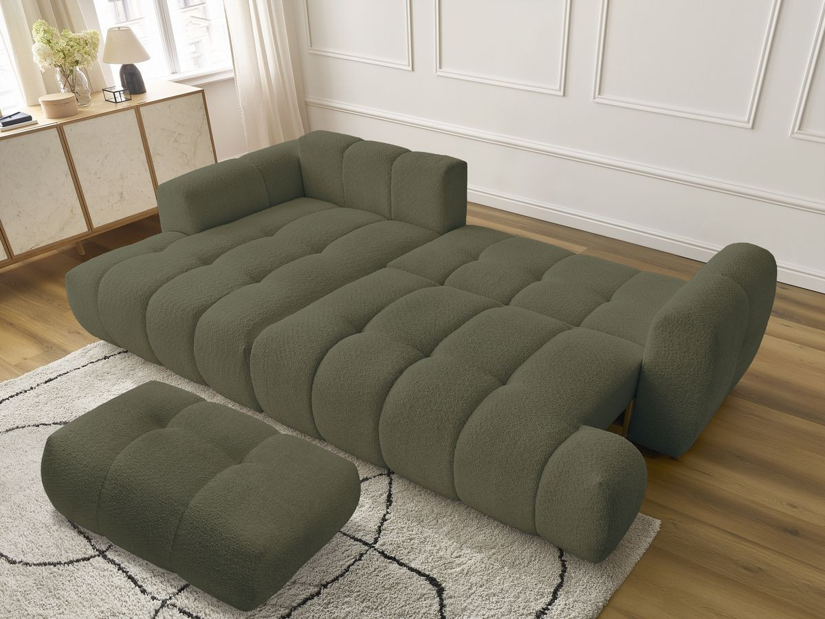 Bobochic Fuji Ecksofa mit Schlaffunktion und Bettkasten und Pouf 292 × 160 cm Bouclé-Stoff Grün Ecke links
