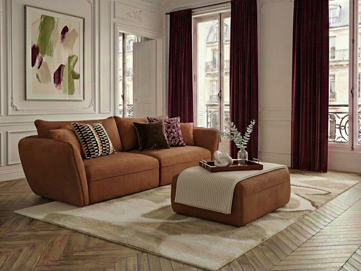 Bobochic Luigi Sofa 3-Sitzer mit Pouf Strukturstoff Orange
