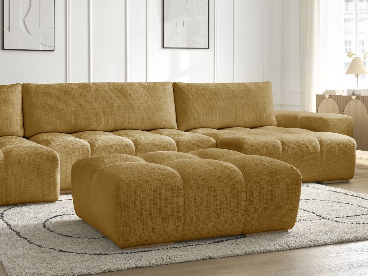 Bobochic Anakin Wohnlandschaft mit Pouf, Liegefläche 137 × 382 cm, 3 Kissen Strukturstoff Gelb
