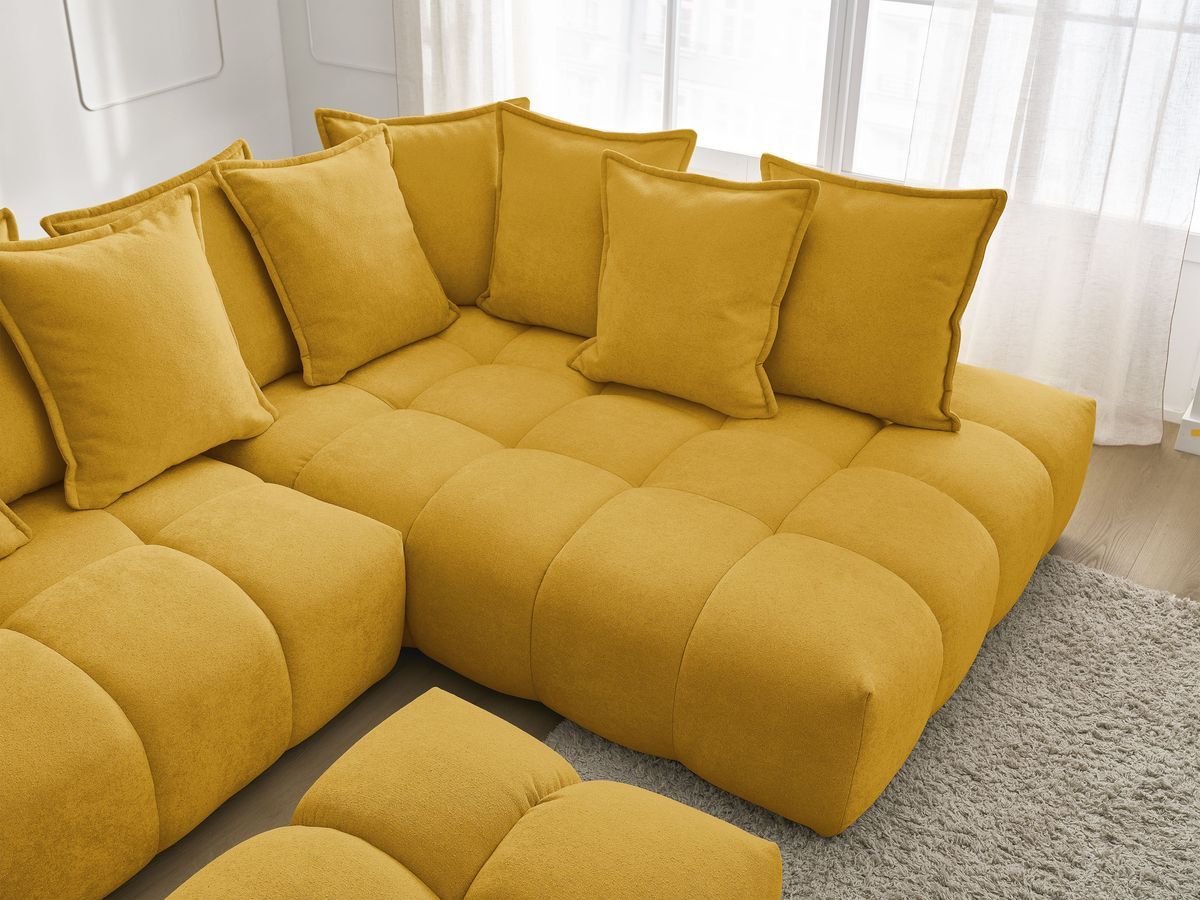 Bobochic Everest Ecksofa mit Schlaffunktion und Bettkasten und Pouf 320 × 212 cm, 10 Kissen Strukturstoff Gelb Ecke rechts