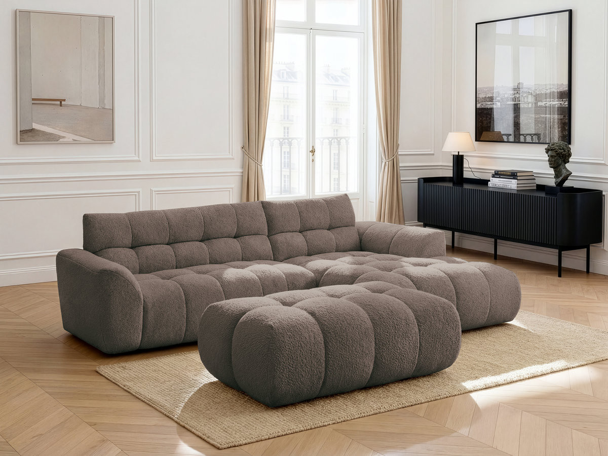 Bobochic Jaya Ecksofa mit Pouf Chenille Taupe Ecke rechts