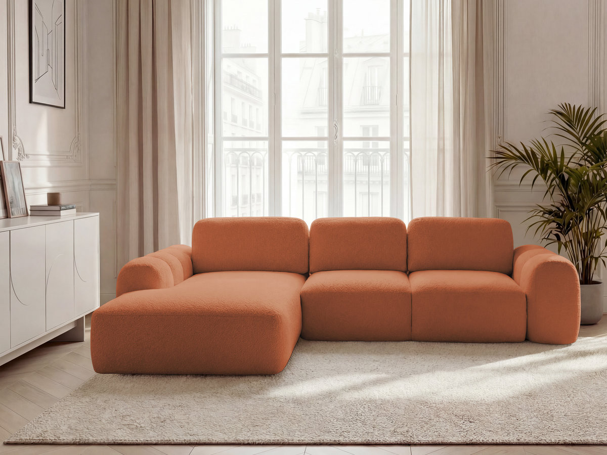 Bobochic Montaigne Ecksofa mit Schlaffunktion und Bettkasten 288 × 196 cm Bouclé-Stoff Orange Ecke links