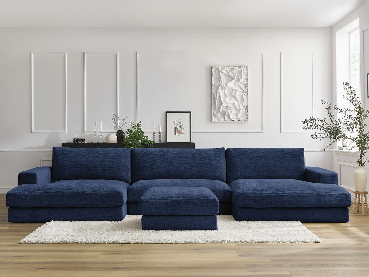 Bobochic Leonard Wohnlandschaft mit Pouf 349 × 159 cm Strukturstoff Dunkelblau
